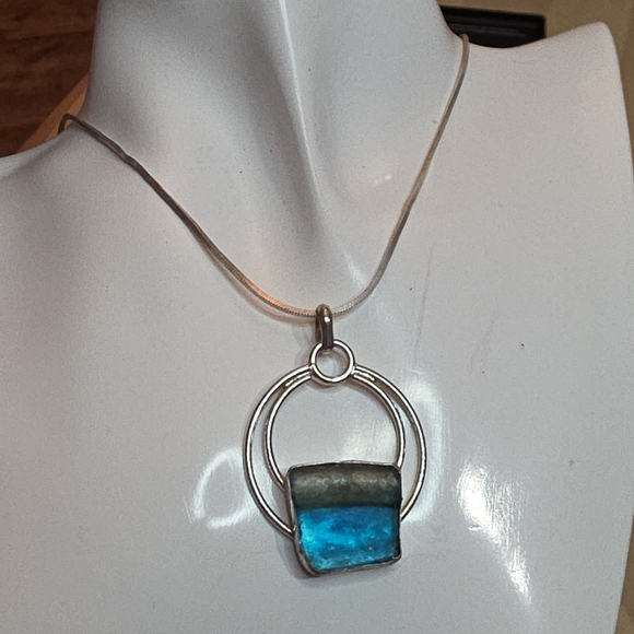 ANCIENT ROMAN GLASS 925 STERLING SILVER DESIGNER SIGNED PENDANT W/ 925 NECKLACE - Picture 3 of 4